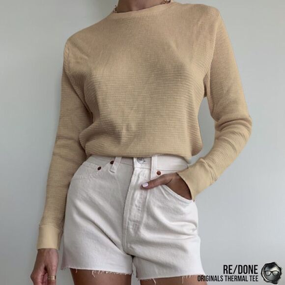 RE/DONE ORIGINALS THERMAL KNIT OVERSIZE LONG SLEEVE TEE SHIRT IN SAND SIZE SMALL